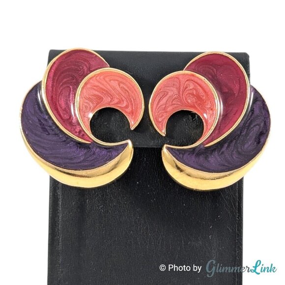 VTG 90s Avon Swirl of Color Swirl Pink Purple Enamel Gold Tone Clip On Earrings - Picture 3 of 12